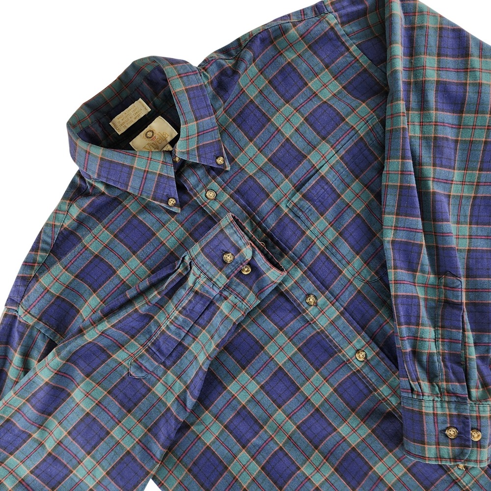 Viyella‎ Button Down Shirt Mens L Blue Plaid Cotton Wool Blend